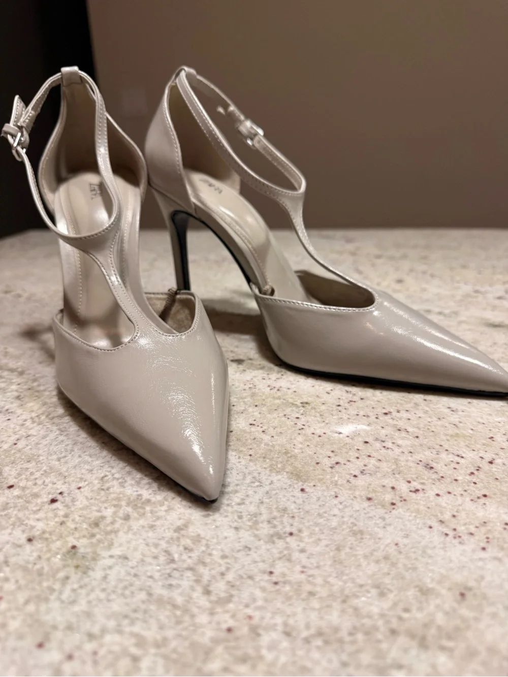 Zara Cream T-Strap Pointed Toe Stiletto Heels